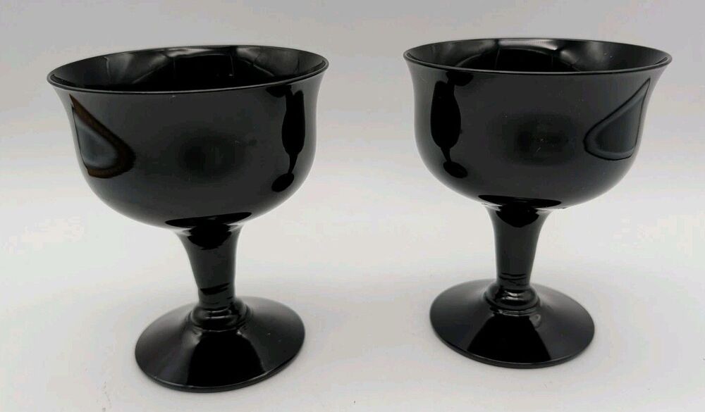 Vtg Solid Black Sherbet Dish Onyx Glass Coupe Set Of 2